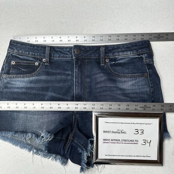 American Eagle Shorts 12 Vintage Hi Rise Festival Shortie Blue Denim Fringe Fray - Picture 3 of 9